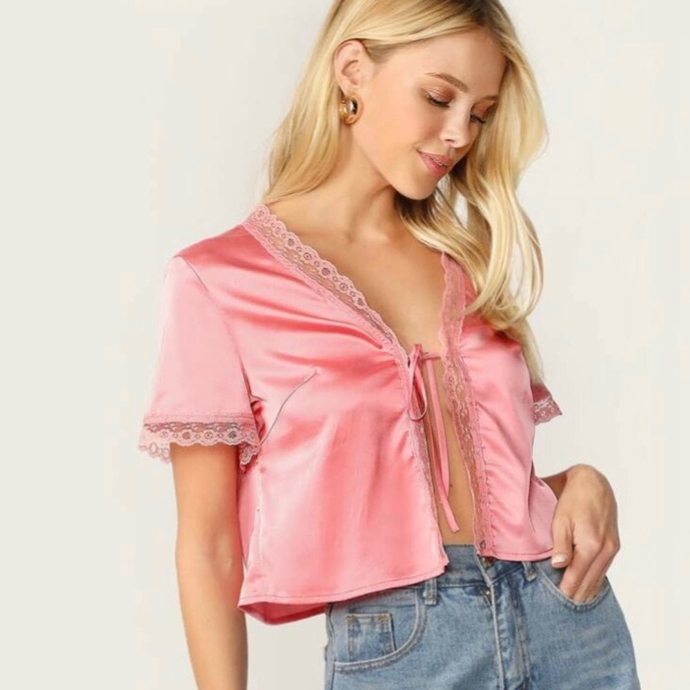 Pink Satin Tie Front Top